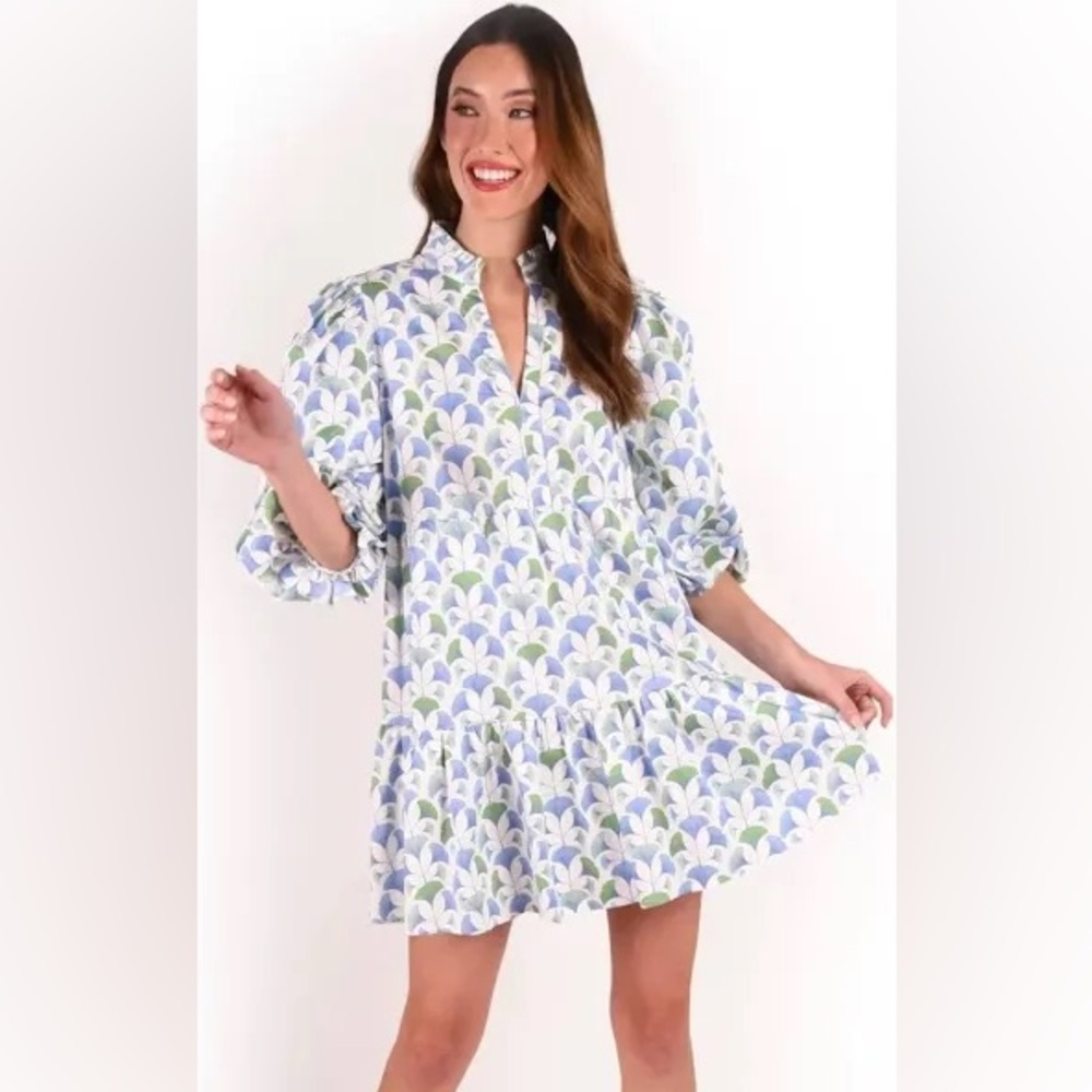 Blue and Green Tiered Mini Sundress with Puff Sleeves